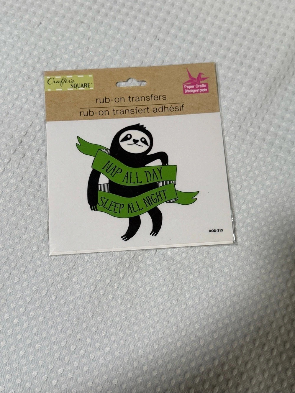 Crafty Square Rub-On Transfers Sloth Green NWT nap all day sleep all night